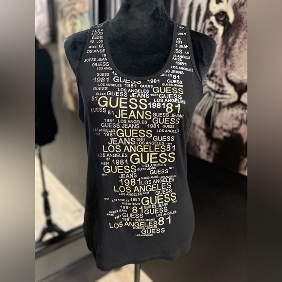 🖤💛NWOT- BLACK AND GOLD GLITTERY GUESS RACERBACK TANK TOP. SX L🖤💛 - Picture 1 of 4